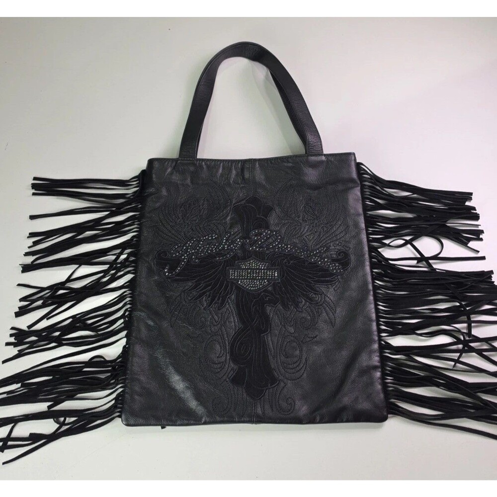 Rare Harley Davidson Gem Fringe Tote Bag Cross Genuine Leather Magnet Closure